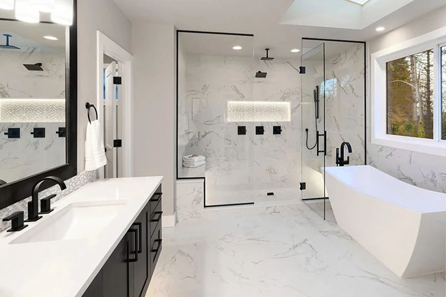 Luxury modern bathroom remodel with walk-in shower and marble countertops in Bellevue WA